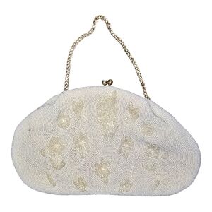 Vintage Josef Japan Hand-Beaded Ivory Clutch – Floral & Butterfly Evening Bag